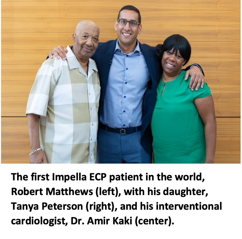 The first Impella ECP patient in the world, Robert Matthews (left), with his daughter, Tanya Peterson (right), and his interventional cardiologist, Dr. Amir Kaki (center).